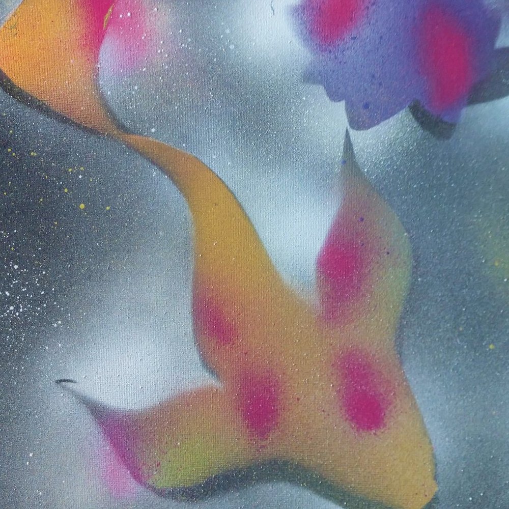 Handmade Abstract Painting of Yellow and Pink Koi Fish and Purple Lotus 14x11
